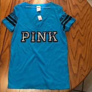 Small Pink V Neck Sequence T-Shirt